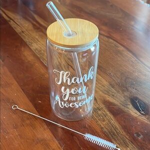 Clear Glass Tumbler with Bamboo Lid and Glass Straw